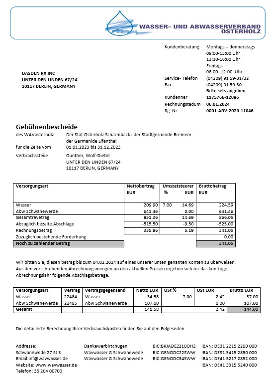 Germany Wavwasser business utility bill template in Word and PDF formats